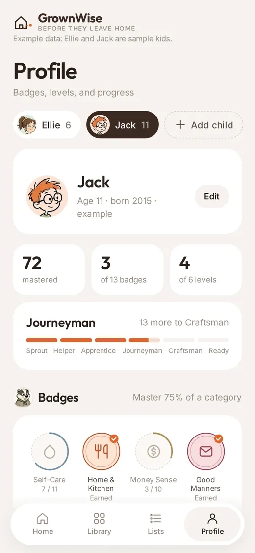 Profile screen with a child's level, Journeyman, and category badges like Home & Kitchen and Good Manners.