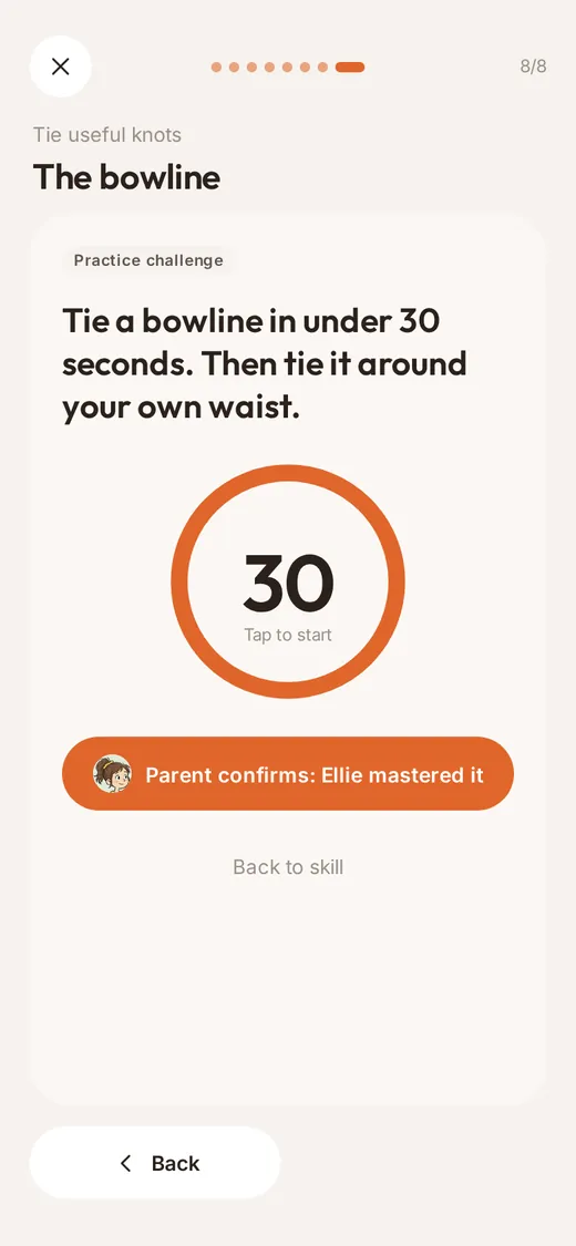 Practice challenge: tie a bowline in under 30 seconds, with a button that says Parent confirms: mastered it.